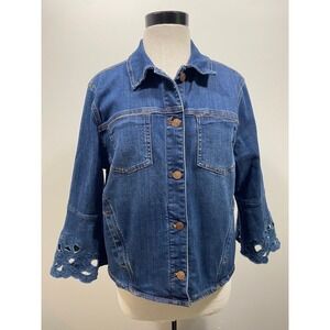 Chico's Denim Jacket Laser Cut 3/4 Sleeve Jean Jacket Size‎ 2 Large